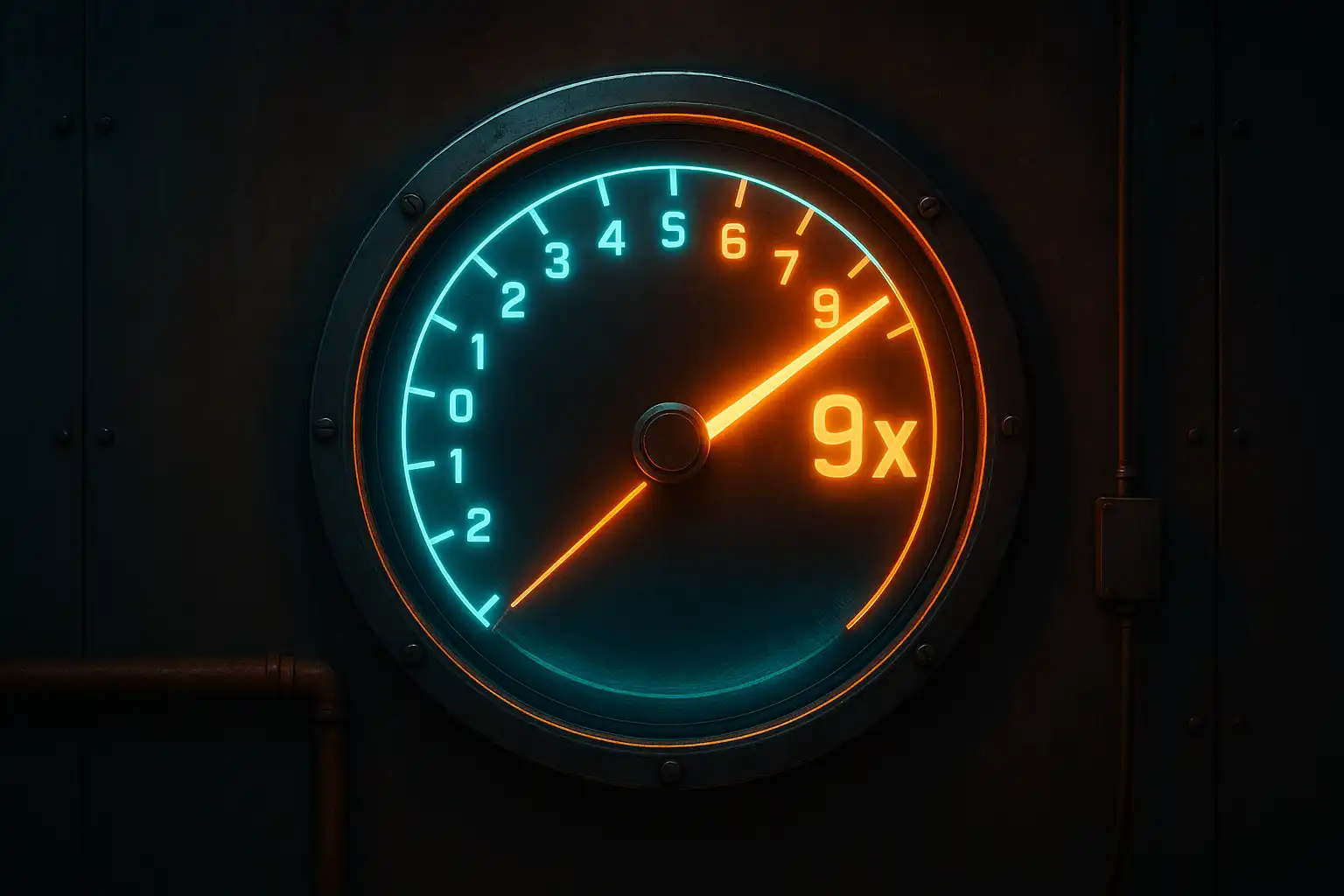 Glowing multiplier gauge on an engine-themed crash game display inside the DieselWin garage