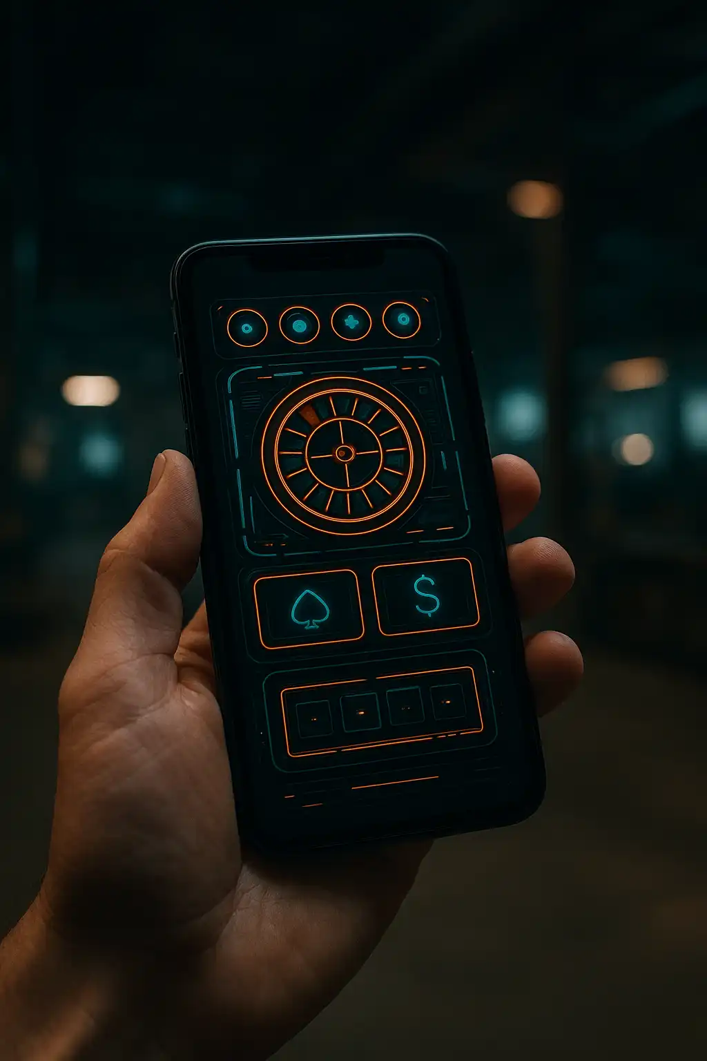 Hand holding a smartphone displaying the DieselWin casino slot lobby with garage-themed interface