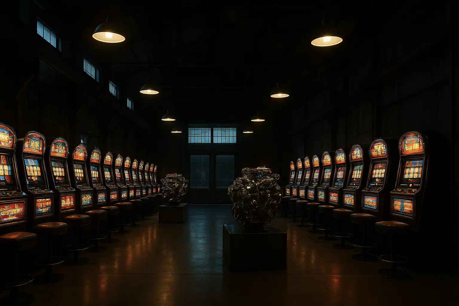 Wide shot of the DieselWin casino lobby styled as an industrial workshop with neon-lit slot rows